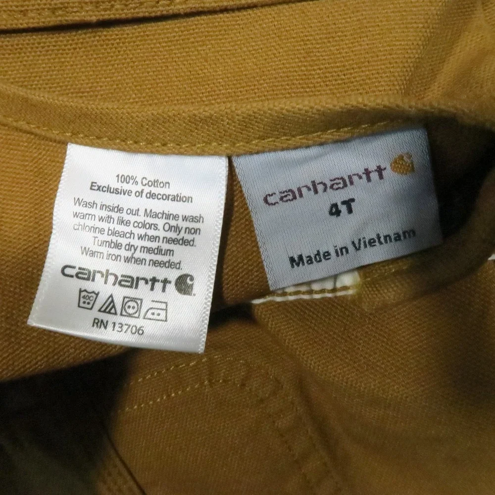 Carhartt CM8609 Duck Canvas‎ Bib Overalls Kids 4T Brown Double Knee Outdoor New